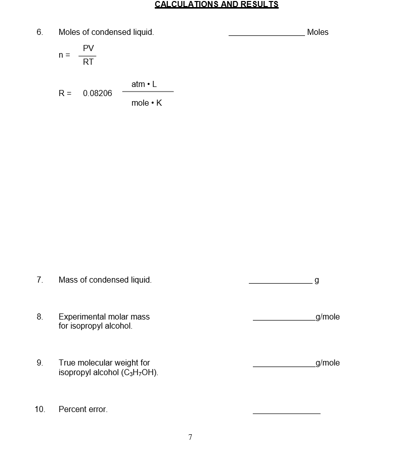 MOLAR MASS OF ISOPROPYL ALCOHOL Name: USING THE DUMAS | Chegg.com