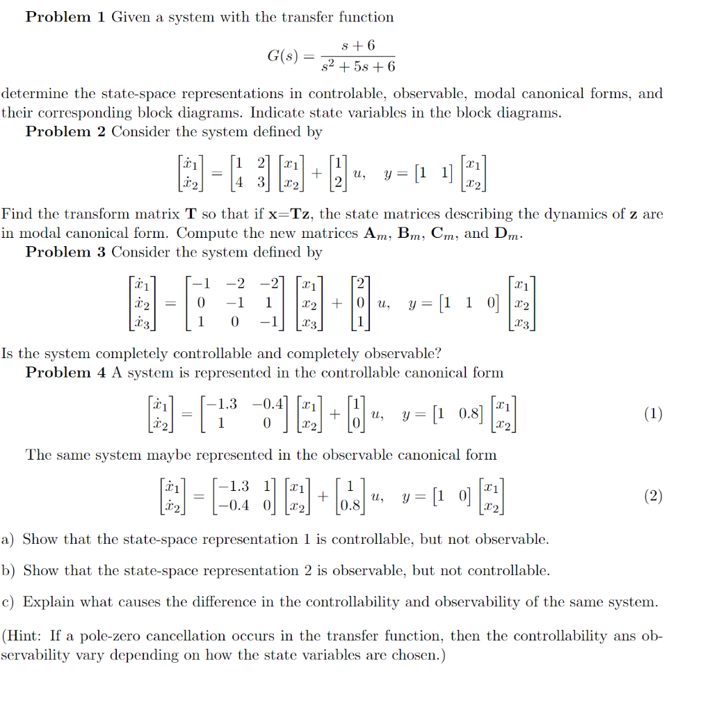 Mechanical Control Systems I Problem 1 Given a system | Chegg.com