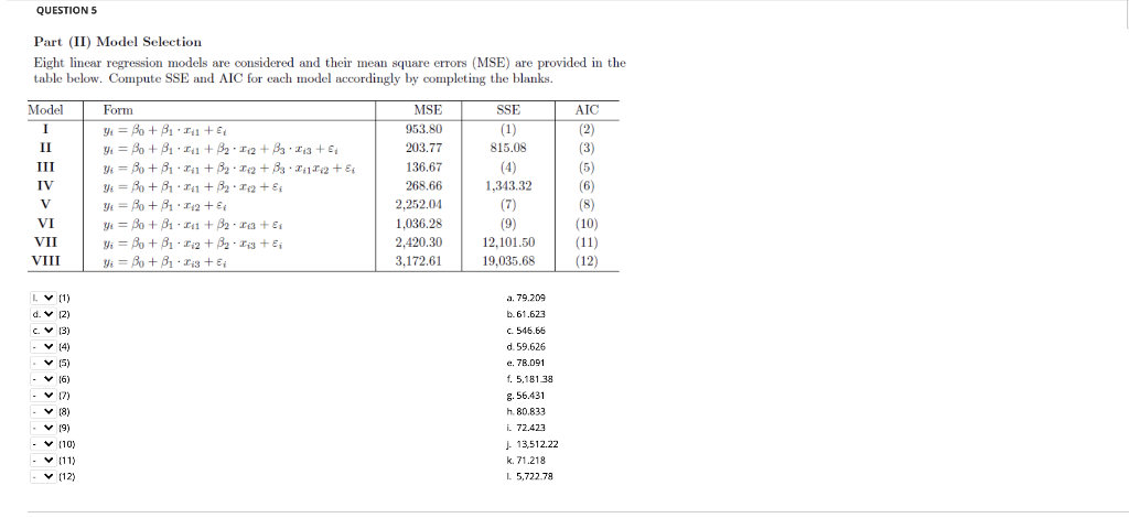 Solved QUESTIONS Part (II) Model Selection Eight Linear | Chegg.com