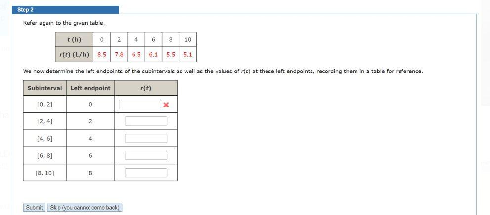 Solved Step 2 Refer again to the given table. t(h) 0 2 4 6 8 | Chegg.com