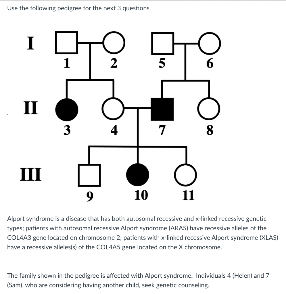 Use the following pedigree for the next 3 questions
Alport syndrome is a disease that has both autosomal recessive and \( x \