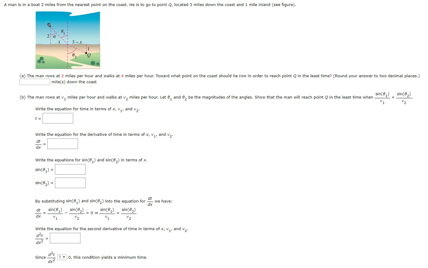 Solved A man is in a boat 2 miles from the nearest point on