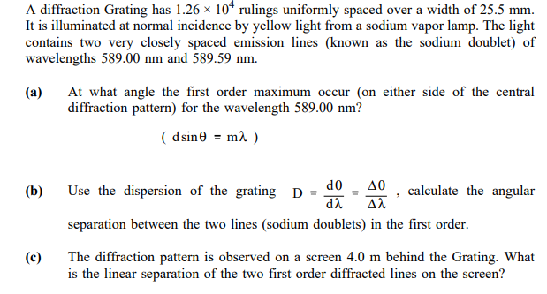 Solved A diffraction Grating has 1.26 x 10* rulings | Chegg.com