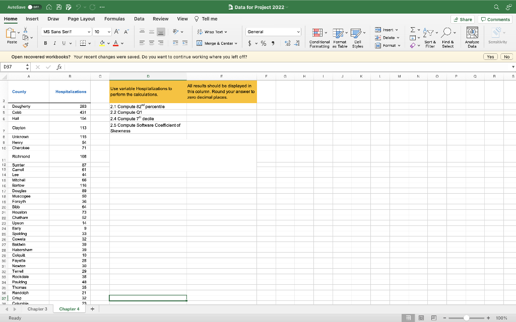 Solved AutoSave OFF AvG... Data for Project 2022 Home Insert | Chegg.com