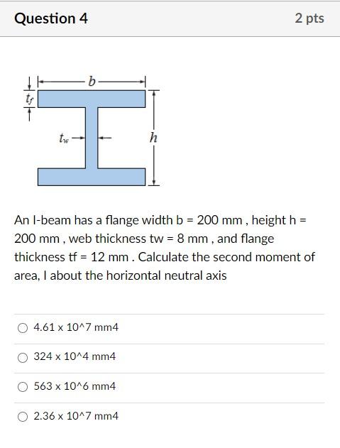 Solved Question 4 2 Pts B H H An I-beam Has A Flange Width B | Chegg.com