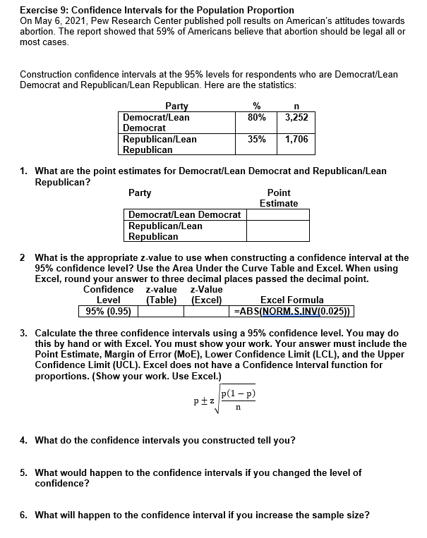 Solved Exercise 9: Confidence intervals for the Population | Chegg.com