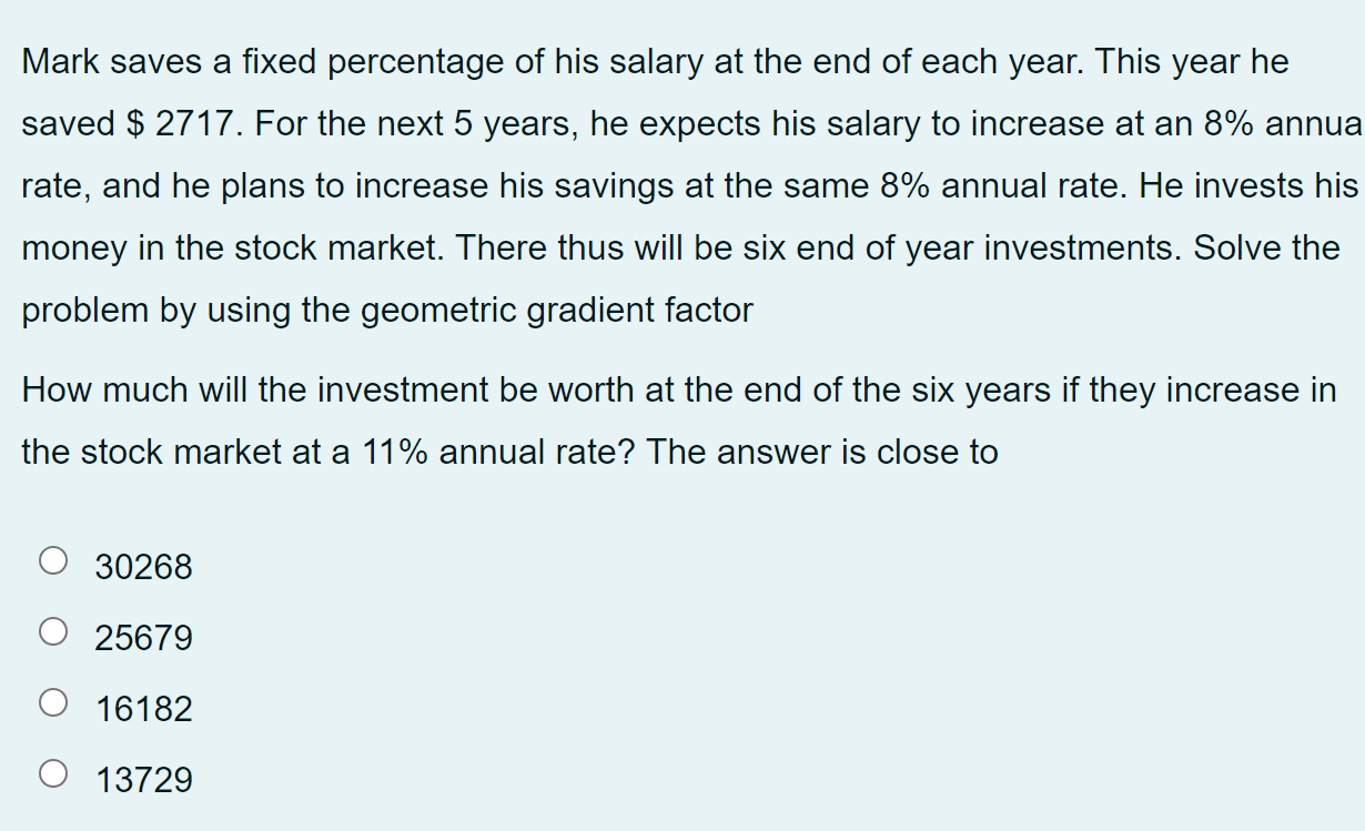 Solved Mark saves a fixed percentage of his salary at the | Chegg.com