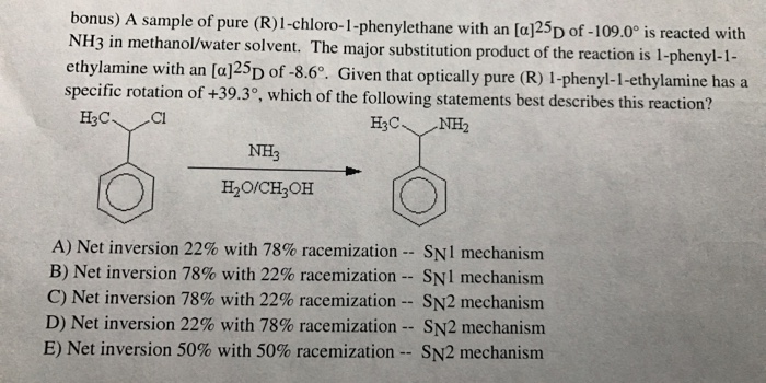 Solved bonus) A sample of pure (R)1-chloro-1-phenylethane | Chegg.com