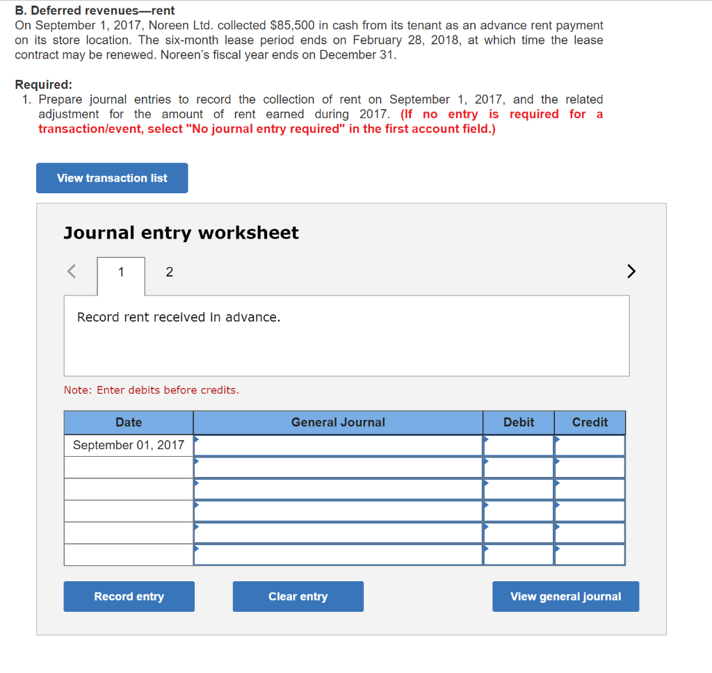 Deferred Rent Sample Workbook Solved B. Deferred revenues-rent On September 1, 2017, | Chegg.com