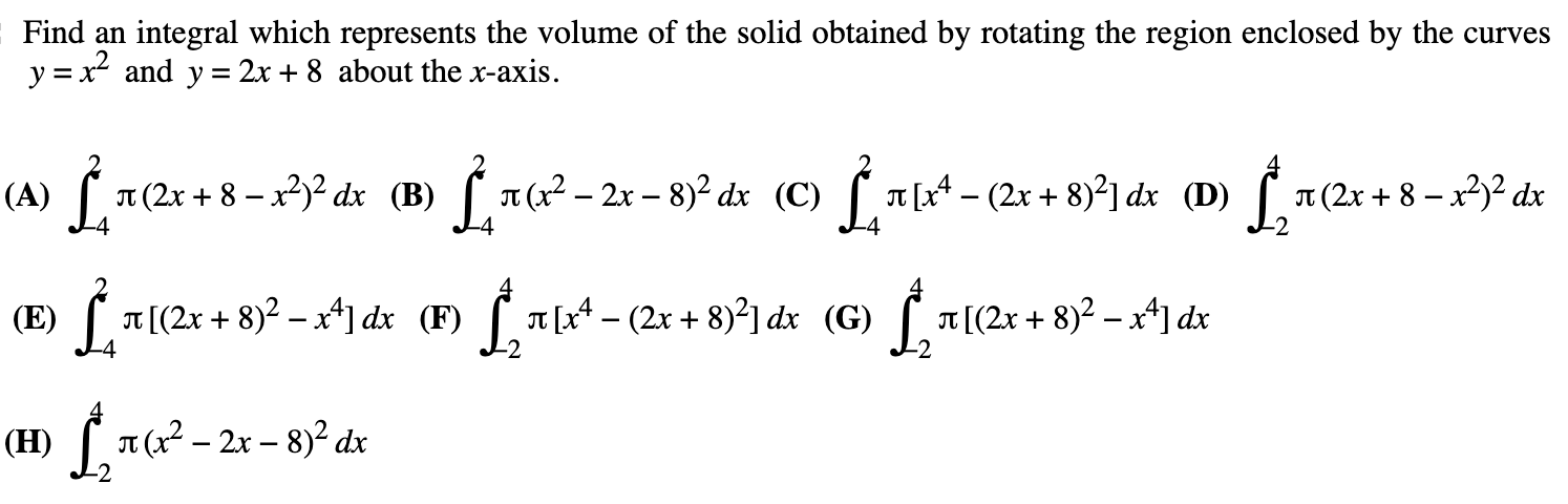 Solved Find an integral which represents the volume of the | Chegg.com