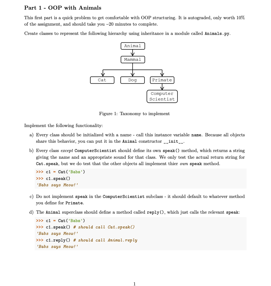 Solved Part 1 - OOP with Animals This first part is a quick | Chegg.com