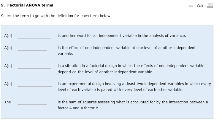 Solved: 9. Factorial ANOVA Terms Aa Aa E Select The Term T... | Chegg.com