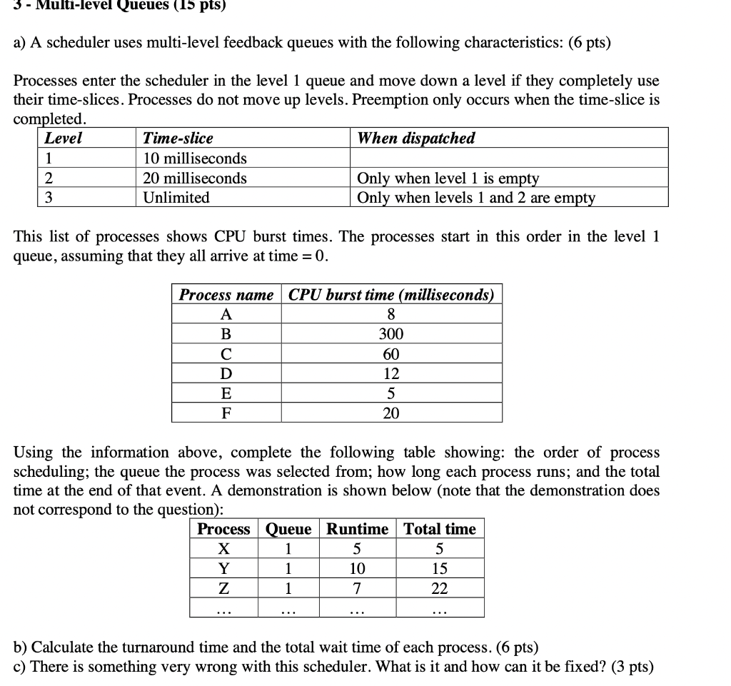 Solved 3 - Multi-level Queues (15 pts) a) A scheduler uses | Chegg.com