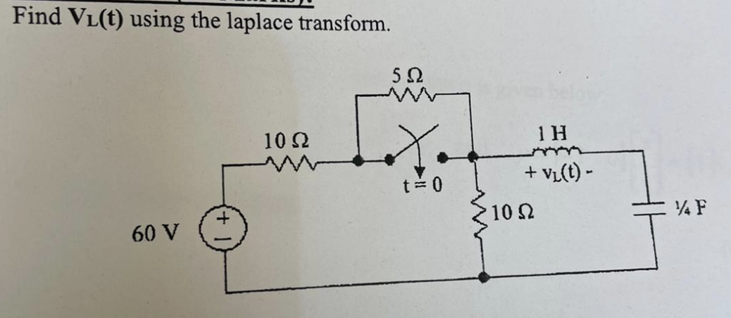 Solved Find VL(t) using the laplace transform. 5 Ω 10 Ω 60 V | Chegg.com