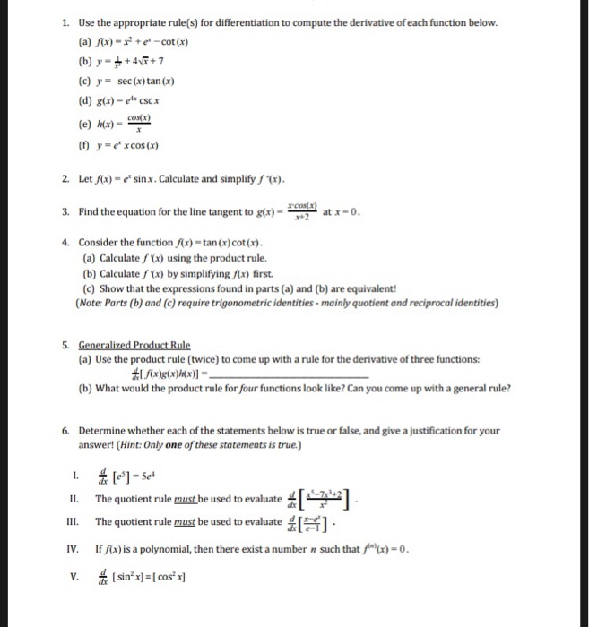 Solved 1. Use the appropriate rule(s) for differentiation to | Chegg.com