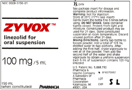 NDC 0009-5136-01 ZYVOX™ linezolid for oral suspension Rc only See package insert for dosage and complete product information.