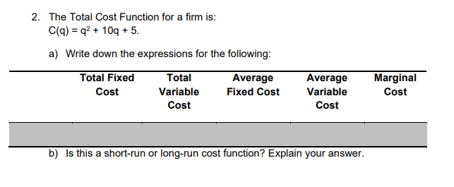 Solved 2. The Total Cost Function for a firm is: C(q) = q2 + | Chegg.com