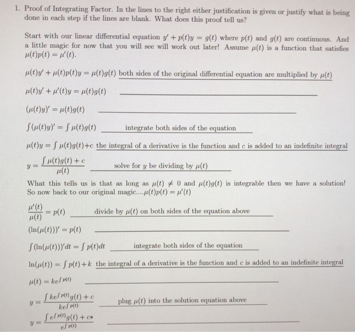 Solved 1. Proof of Integrating Factor. In the lines to the | Chegg.com