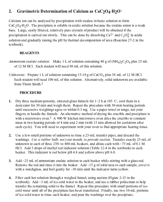 Solved 2 Gravimetric Determination Of Calcium As Cac204h Chegg Com