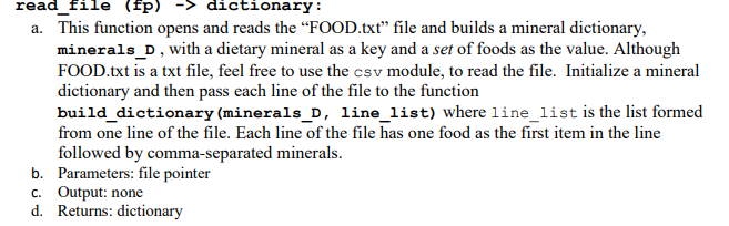 Solved read_file(fp) dictionary: a. This function opens and | Chegg.com