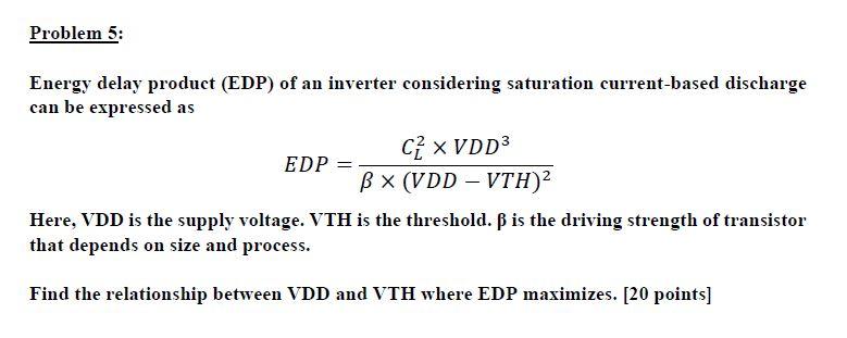 Solved Problem 5: Energy delay product (EDP) of an inverter | Chegg.com