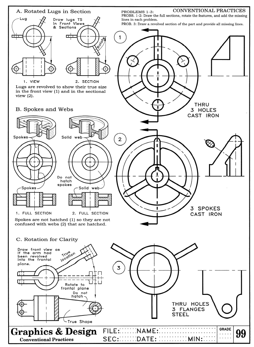 Solved PROBLEMS #1 & #2: Draw the full sections, rotate the | Chegg.com