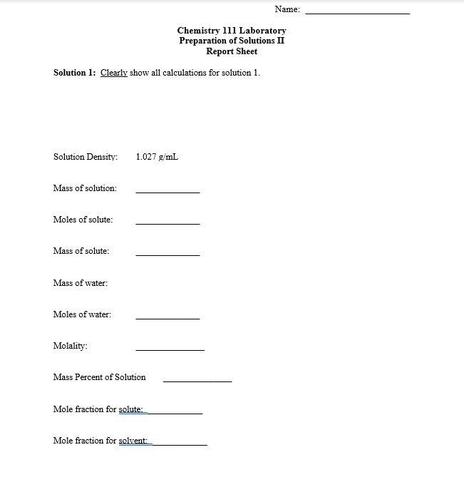Chemistry 111 Laboratory Preparation of Solutions II | Chegg.com