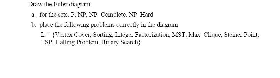 Solved Draw the Euler diagram a. for the sets, P, NP, | Chegg.com