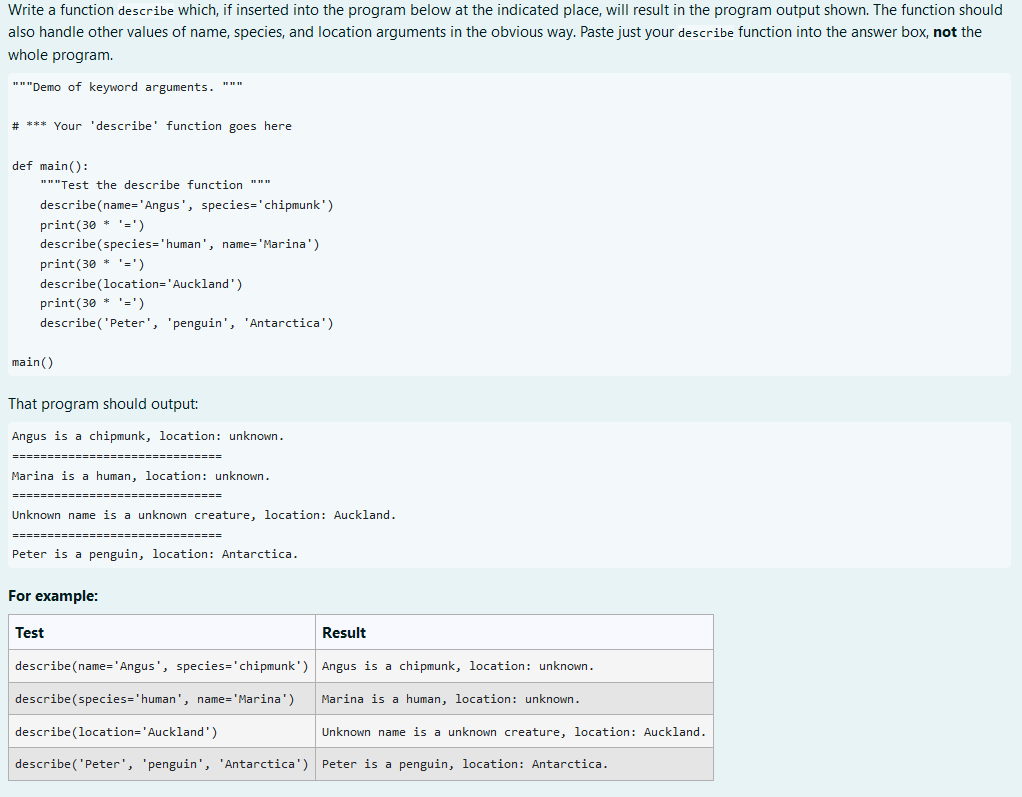 Solved Write a function describe which, if inserted into the | Chegg.com