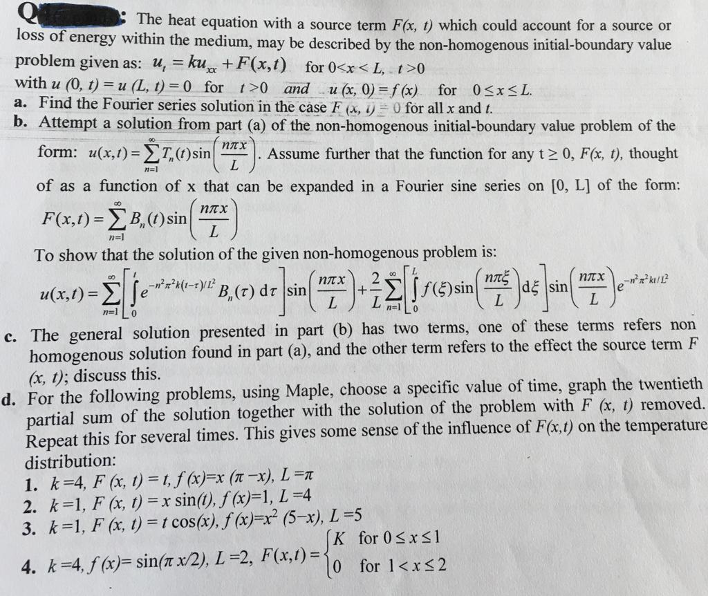 Solved e heat equation with a source term F(x, t) which | Chegg.com