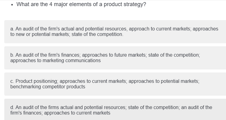 Solved What are the 4 ﻿major elements of a product | Chegg.com