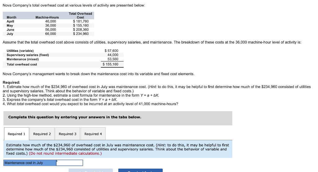 Solved Nova Company's total overhead cost at various levels | Chegg.com