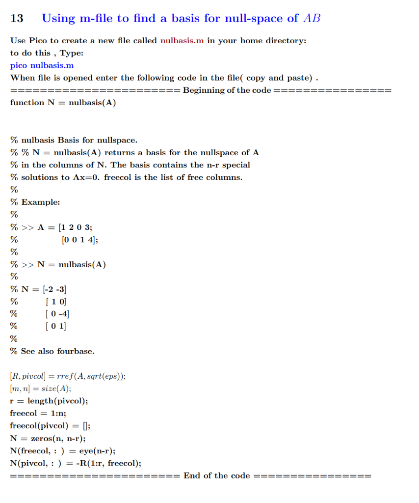 13 Using m-file to find a basis for null-space of AB | Chegg.com