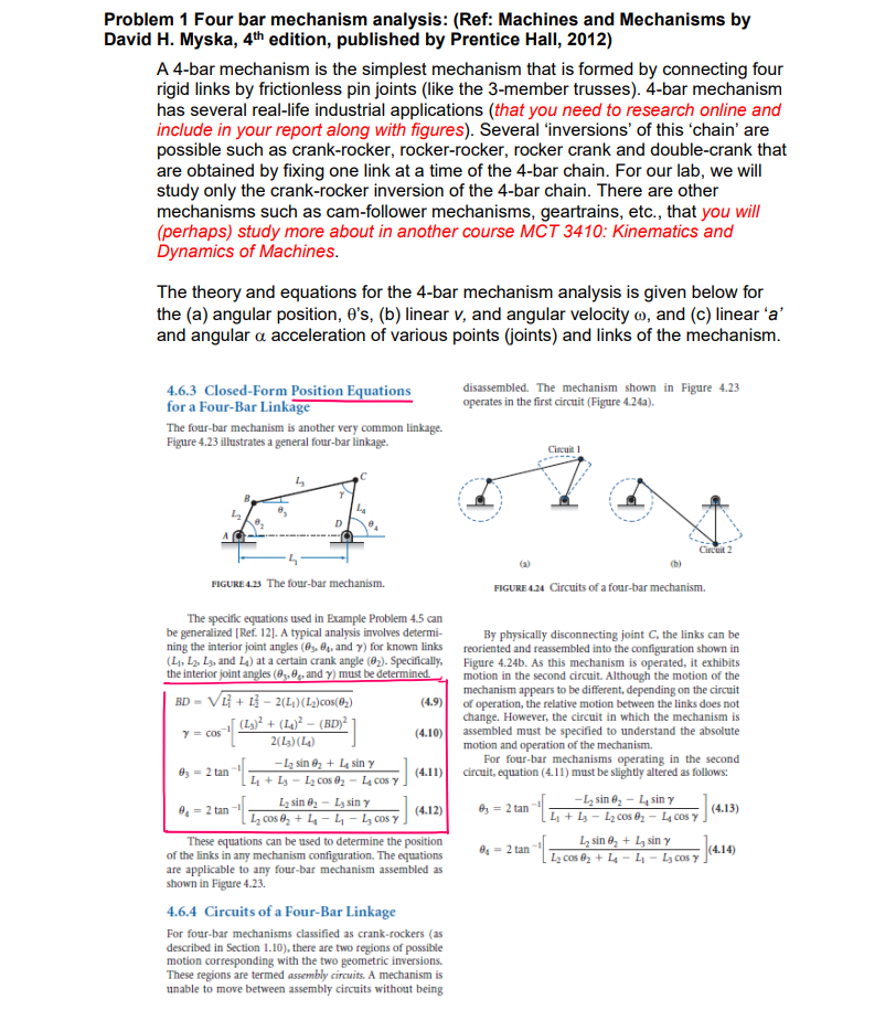 oblem 1 Four bar mechanism analysis (Ref Machines