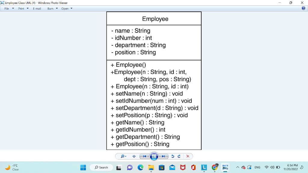 \# Employee Class UML (4) - Windows Photo Viewer
File - Print E-mail Bum \( - \) Open \( = \)
\begin{tabular}{|l|}
\hline \mu