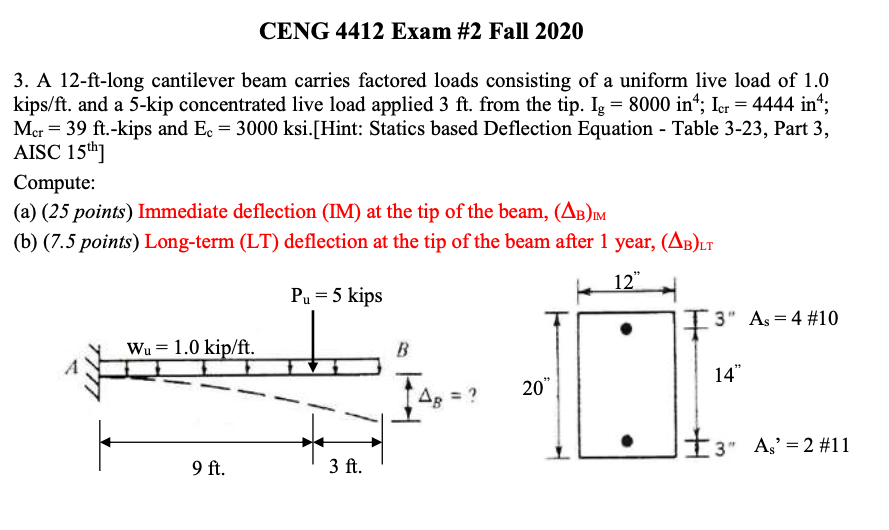 Solved 3. A 12 ft long cantilever beam carries factored Chegg