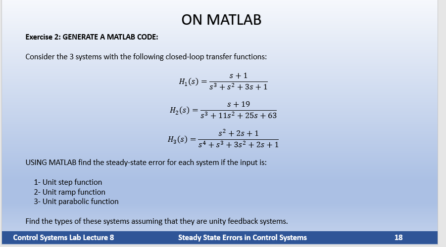 Solved ON MATLAB Exercise 2: GENERATE A MATLAB CODE: | Chegg.com