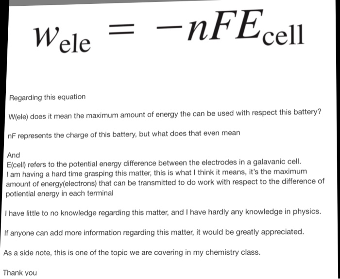 Solved WeleFEcell ?? Regarding this equation Wele) does it | Chegg.com