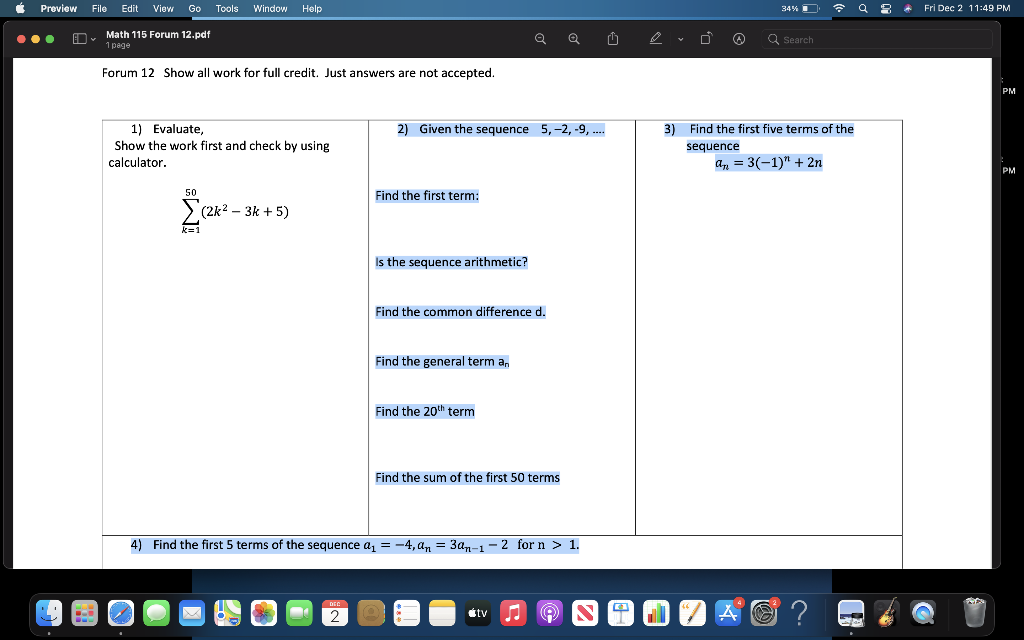 Solved Forum 12 Show all work for full credit. Just answers | Chegg.com