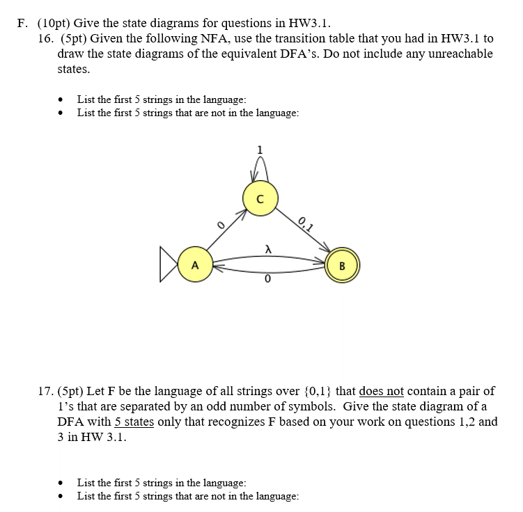 Solved F. (10pt) Give the state diagrams for questions in | Chegg.com
