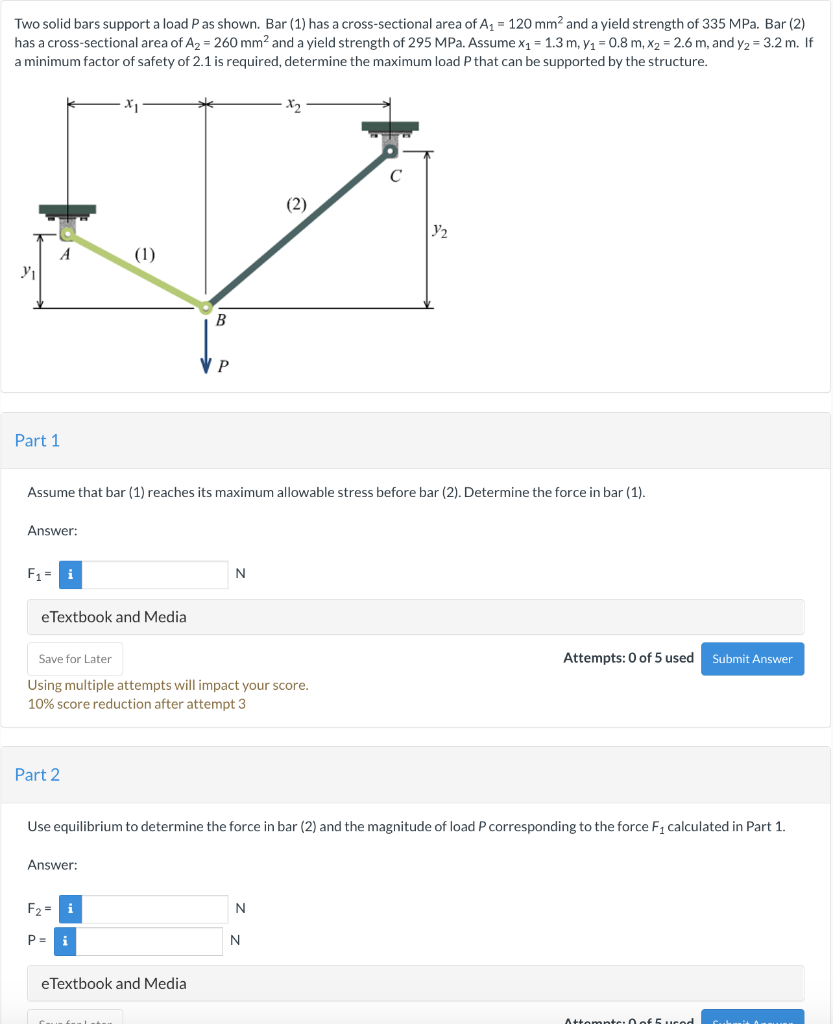 Solved Two Solid Bars Support A Load P As Shown. Bar (1) Has | Chegg.com