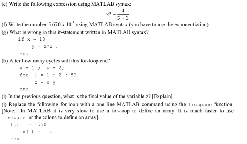 Solved (e) Write the following expression using MATLAB | Chegg.com
