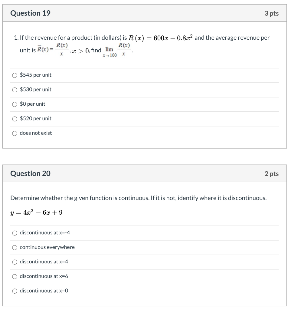 Solved Question 19 3 pts 1. If the revenue for a product (in | Chegg.com
