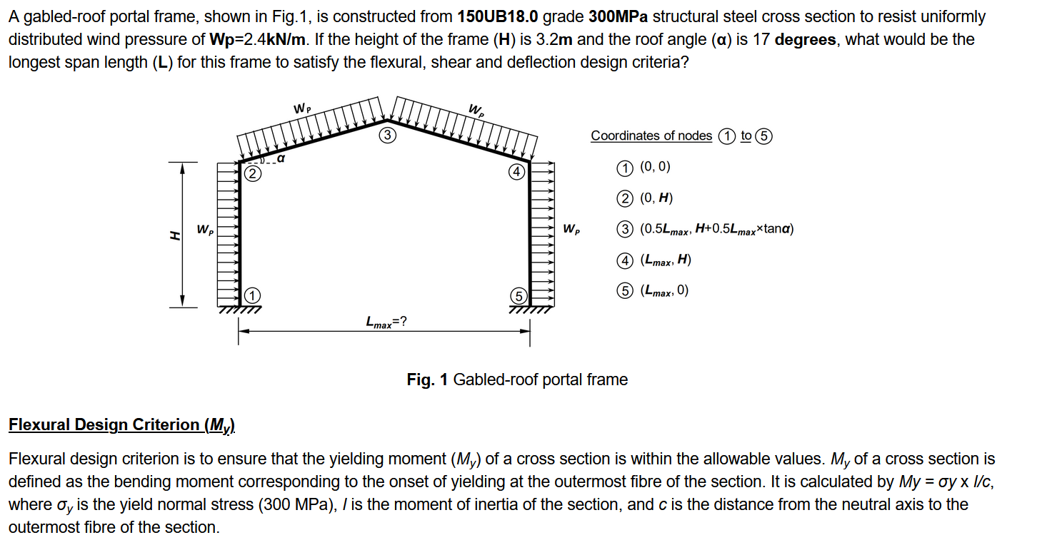 A gabled-roof portal frame, shown in Fig. 1, is constructed from 150UB18.0 grade 300MPa structural steel cross section to res