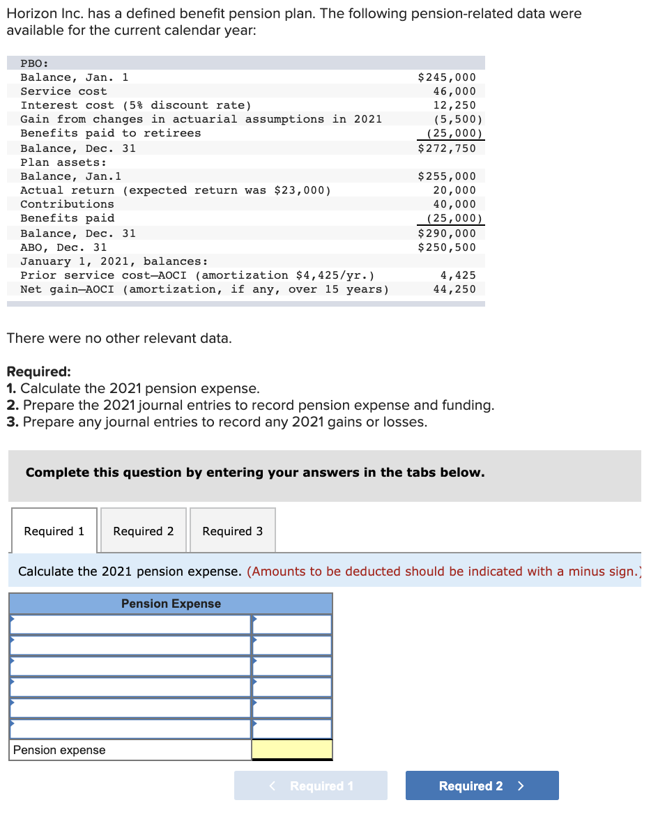 Solved Horizon Inc. has a defined benefit pension plan. The