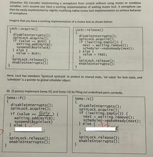 (Question 30) Consider implementing a semaphore from | Chegg.com