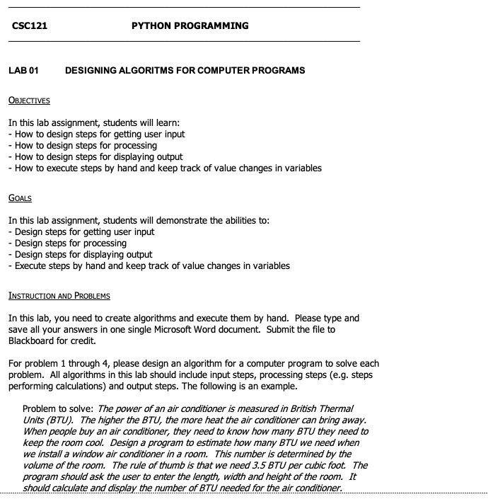 Solved Csc121 Python Programming Lab 01 Designing Algoritms Chegg Com