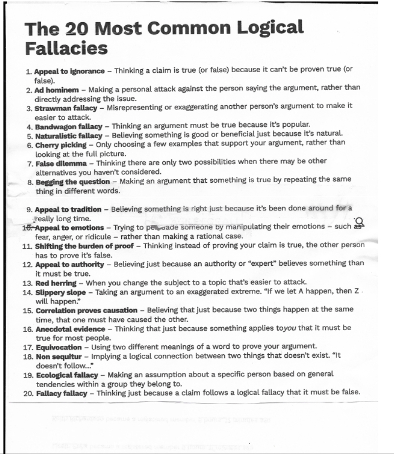 Use the packet explaining six examples of fallacies