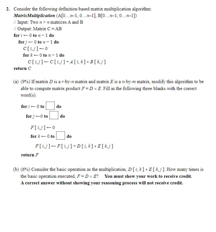 Solved 2. Consider the following definition-based matrix | Chegg.com