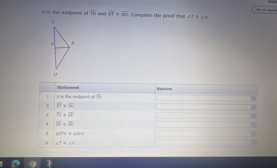 Solved V is the midpoint of TU and ST≅SU. Complete the proof | Chegg.com